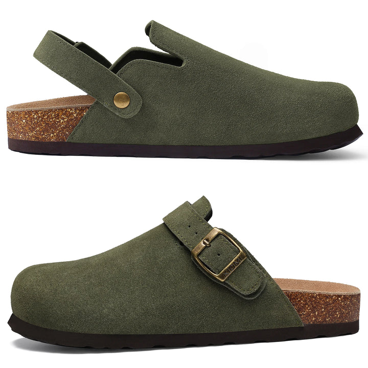 Zuecos Comwarm de gamuza de vaca para mujer con hebilla ajustable, plantilla de corcho, mulas de cuero, zapatillas cómodas sin cordones para mujer, zuecos de corcho de verano