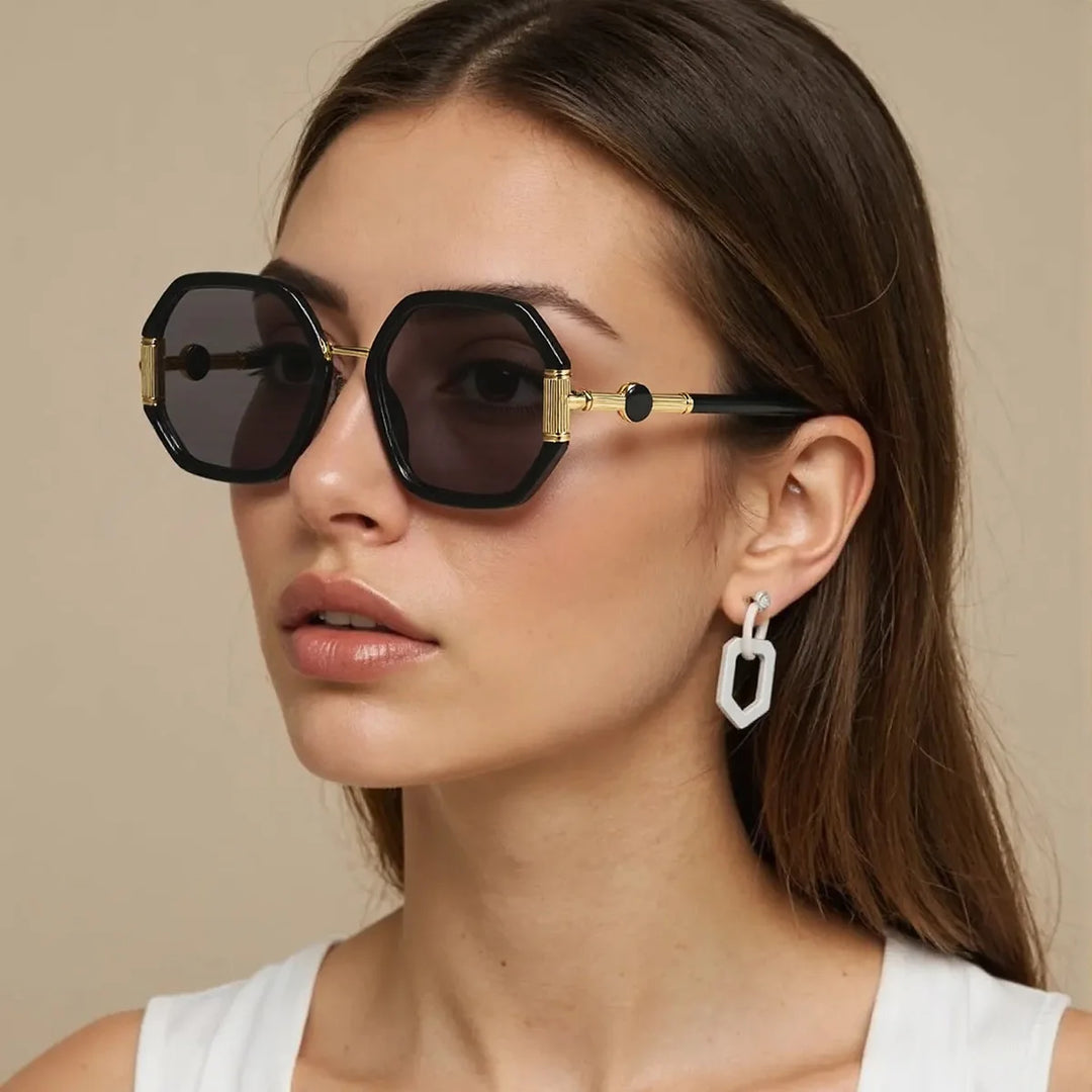 Gafas de sol de moda para mujer, montura octogonal única con lentes degradados, gafas de sol con patas doradas, gafas de mujer