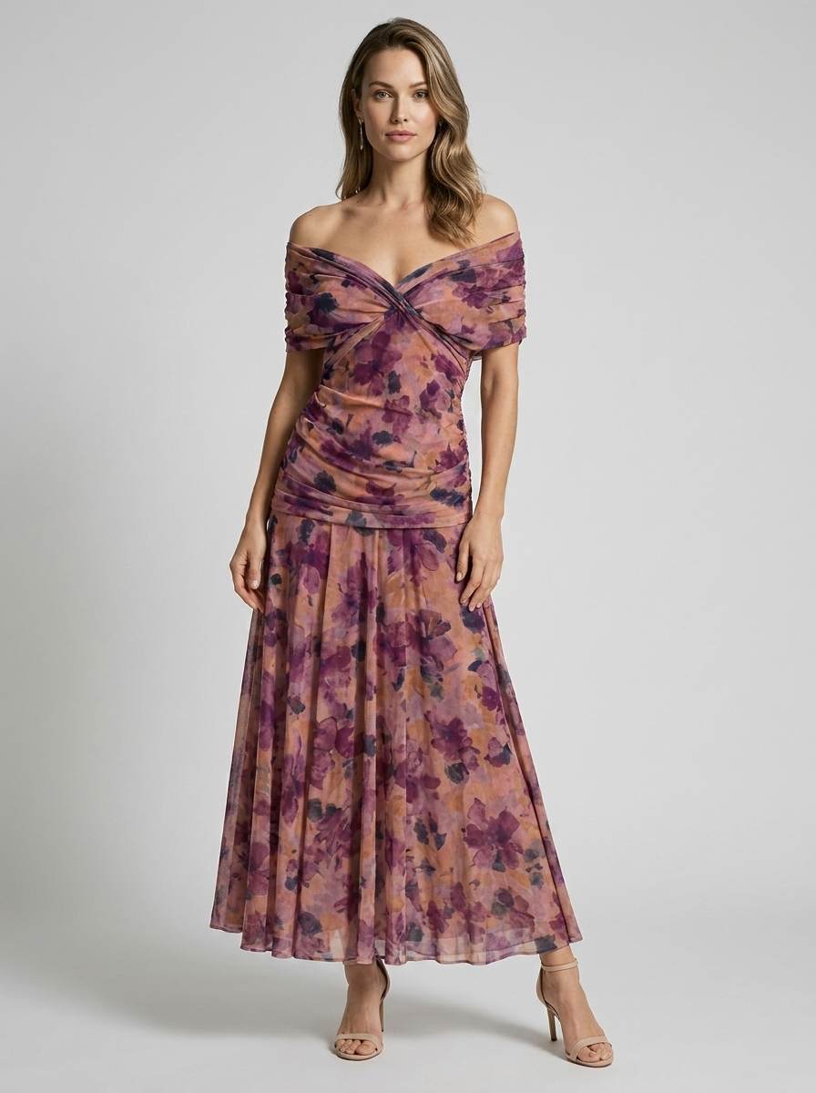 Aurelia Voss Off Shoulder Draped Midi Dress