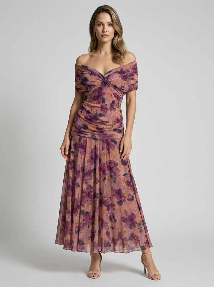 Aurelia Voss Off Shoulder Draped Midi Dress