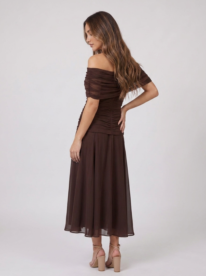 Aurelia Voss Off Shoulder Draped Midi Dress