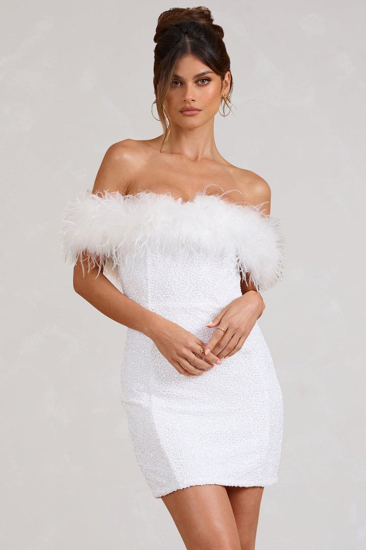 Celeste Cazal Sequin Feather Off Shoulder Mini Dress
