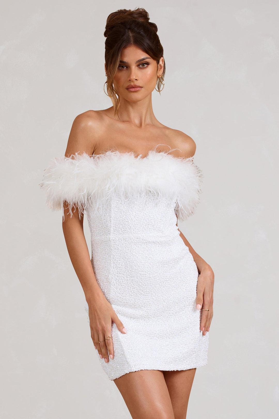 Celeste Cazal Sequin Feather Off Shoulder Mini Dress