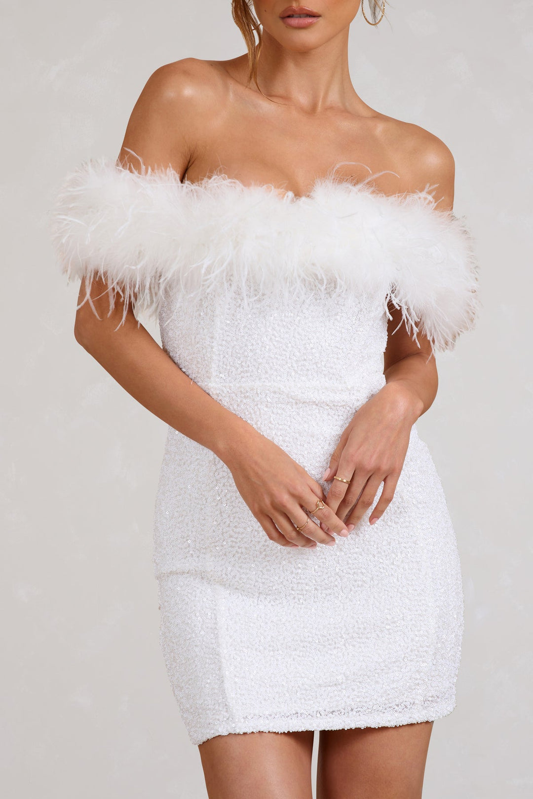 Celeste Cazal Sequin Feather Off Shoulder Mini Dress