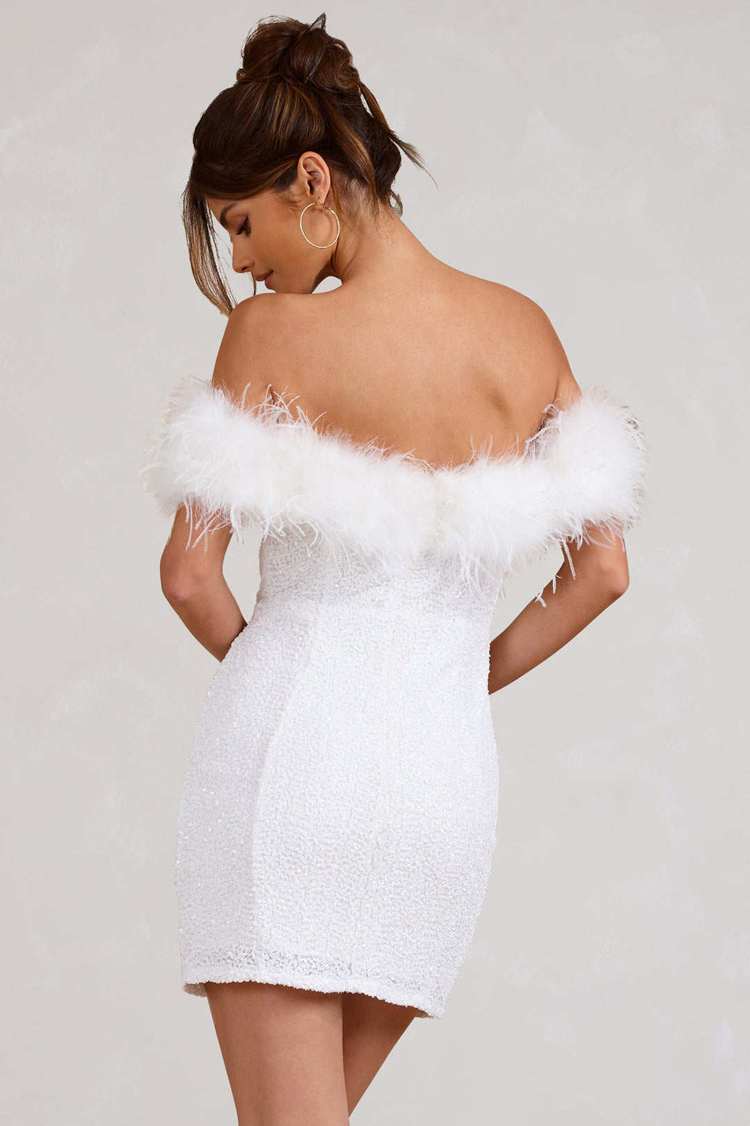 Celeste Cazal Sequin Feather Off Shoulder Mini Dress