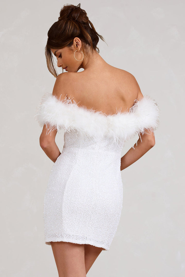 Celeste Cazal Sequin Feather Off Shoulder Mini Dress