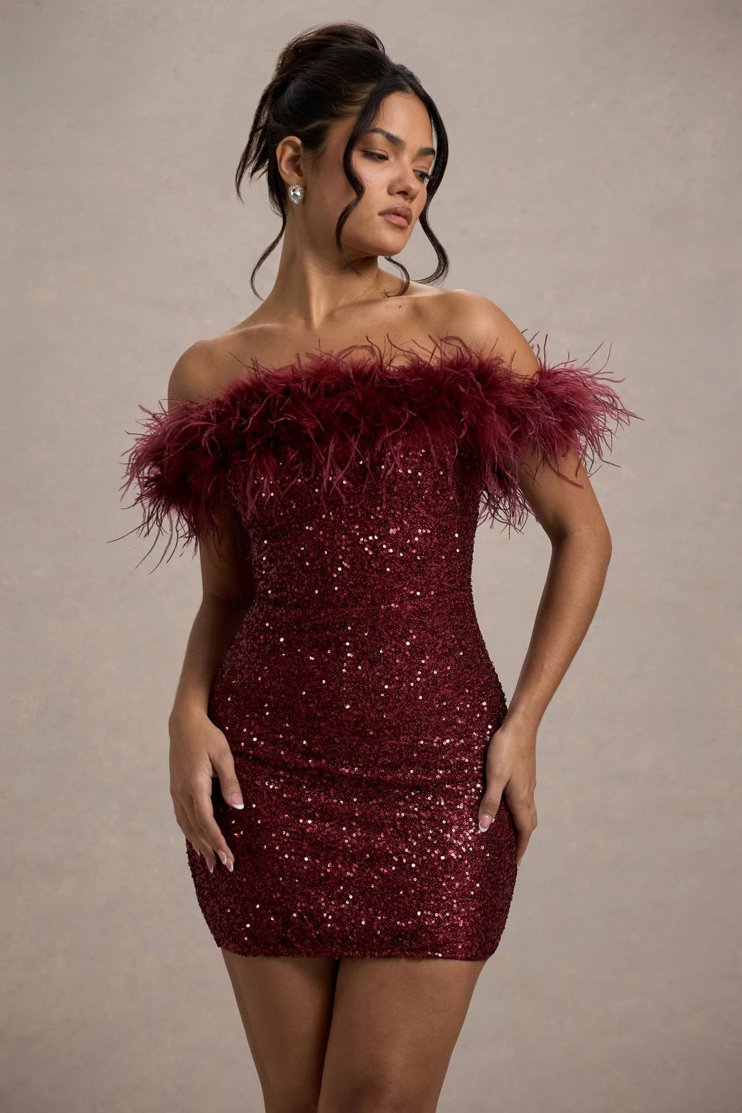 Celeste Cazal Sequin Feather Off Shoulder Mini Dress