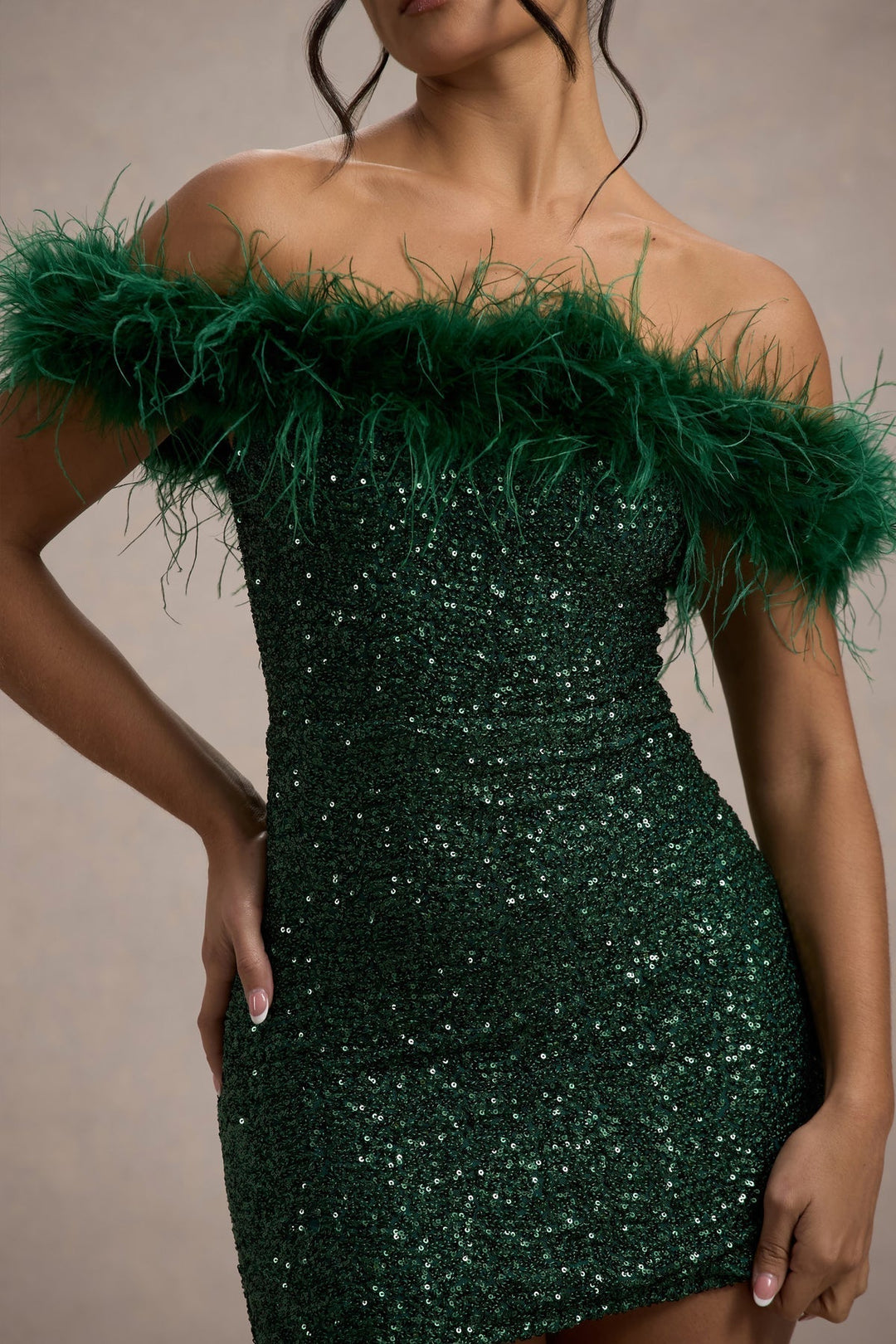 Celeste Cazal Sequin Feather Off Shoulder Mini Dress