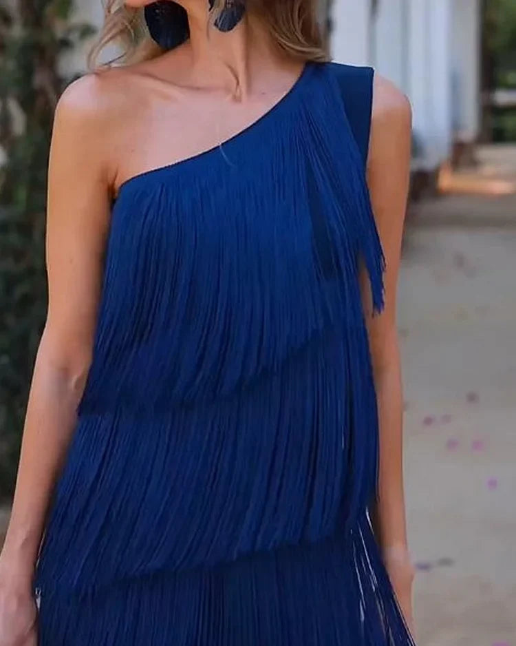 Priscilla Duvall Off Shoulder Fringe Mini Dress