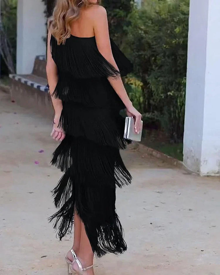 Priscilla Duvall Off Shoulder Fringe Mini Dress