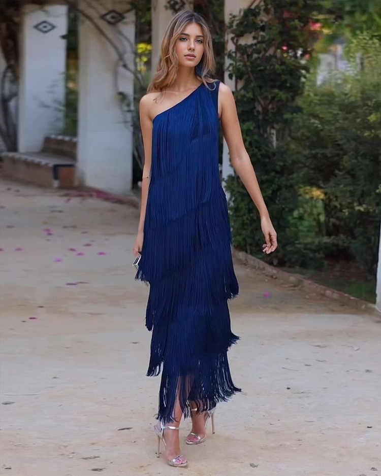 Priscilla Duvall Off Shoulder Fringe Mini Dress