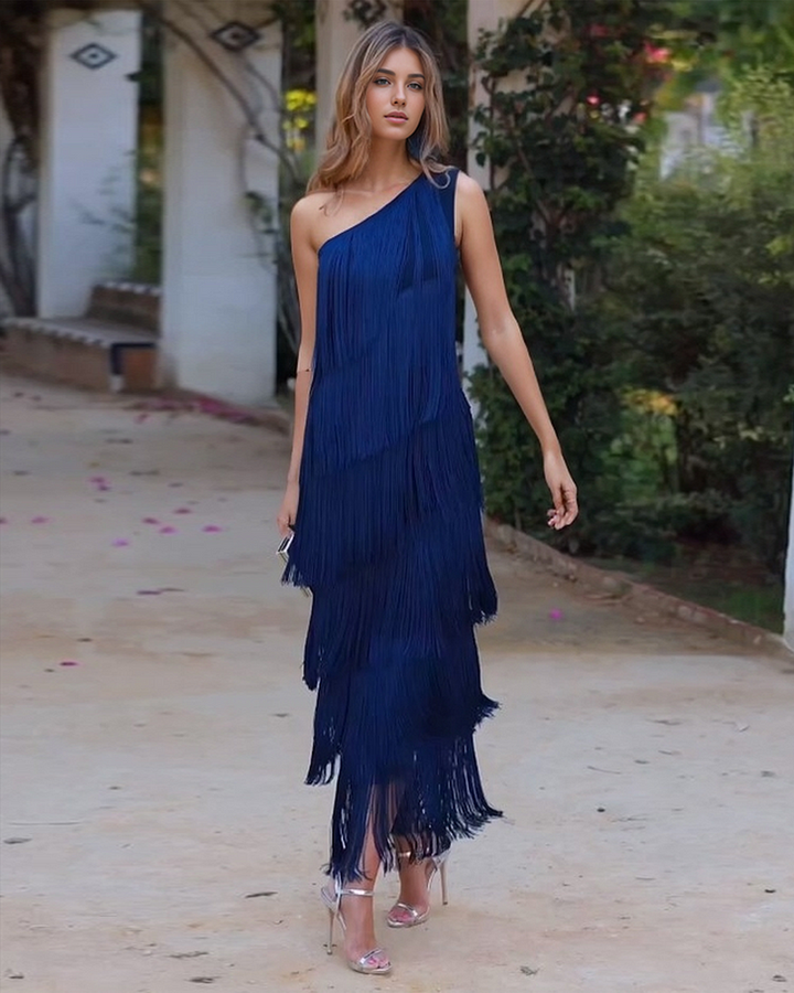 Priscilla Duvall Off Shoulder Fringe Mini Dress