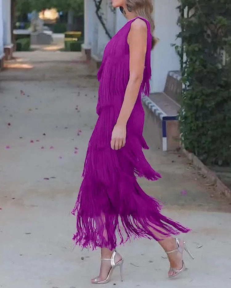 Priscilla Duvall Off Shoulder Fringe Mini Dress