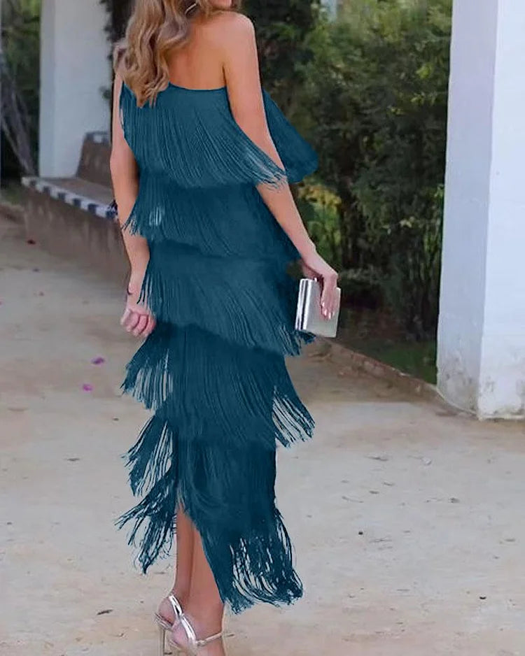 Priscilla Duvall Off Shoulder Fringe Mini Dress