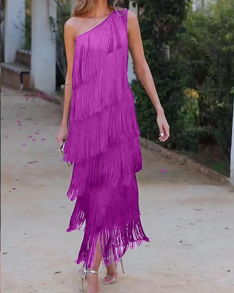 Priscilla Duvall Off Shoulder Fringe Mini Dress