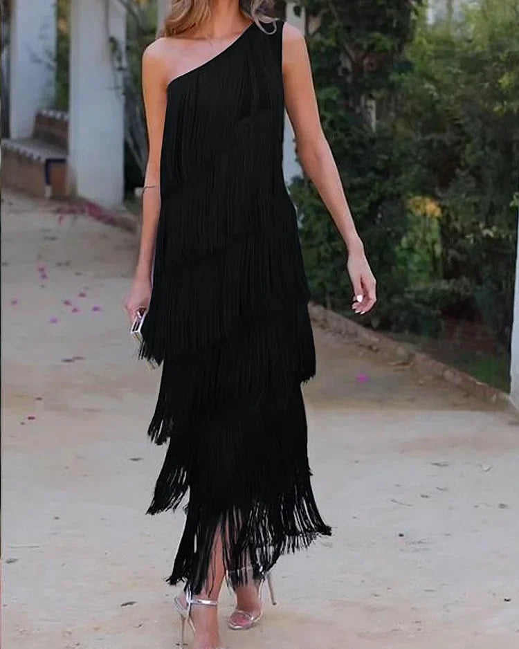 Priscilla Duvall Off Shoulder Fringe Mini Dress