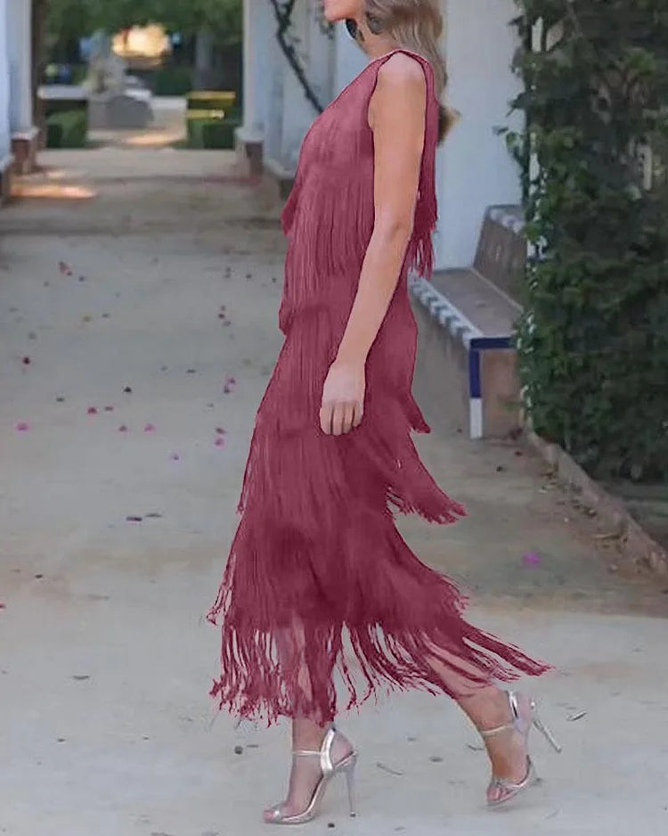 Priscilla Duvall Off Shoulder Fringe Mini Dress