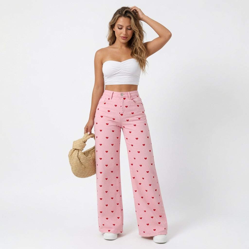Lily Ashford - Plus Size High-Waist Heart Print Jeans - Back to School