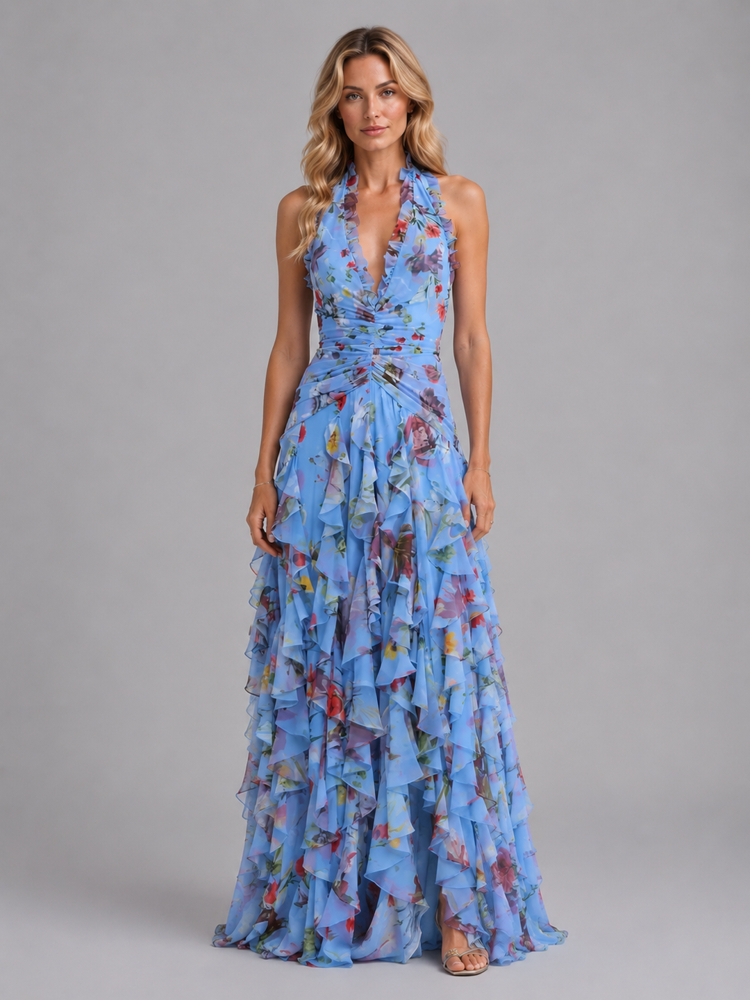 Camille Harper Floral Halter Homecoming Dress