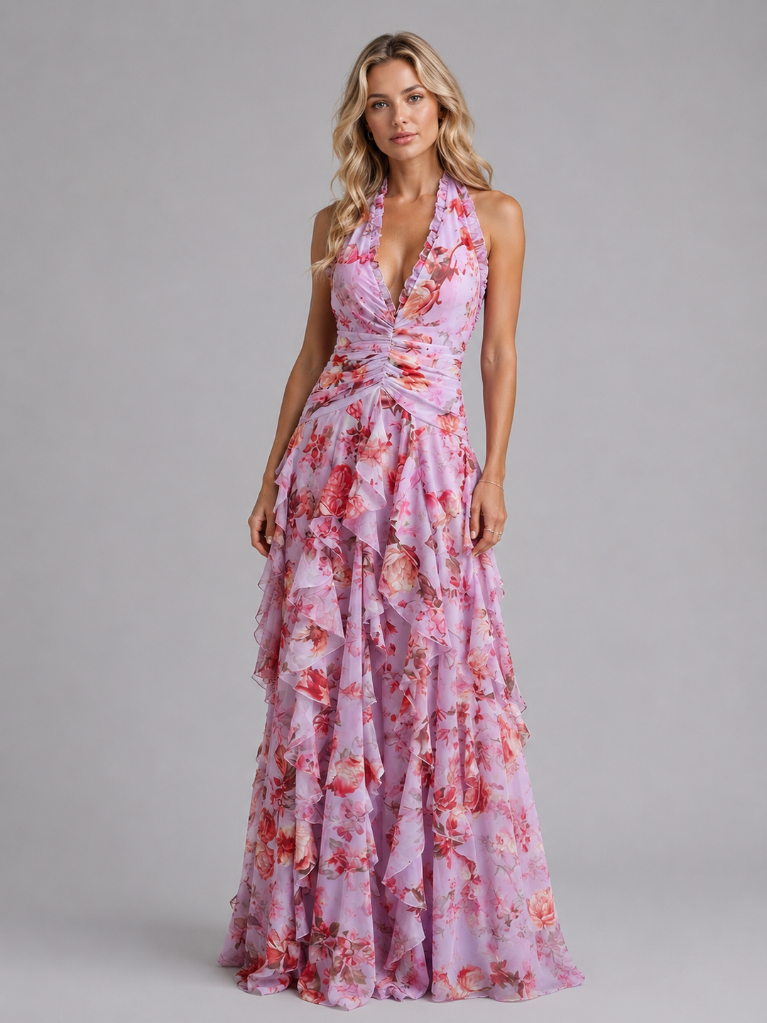 Camille Harper Floral Halter Homecoming Dress
