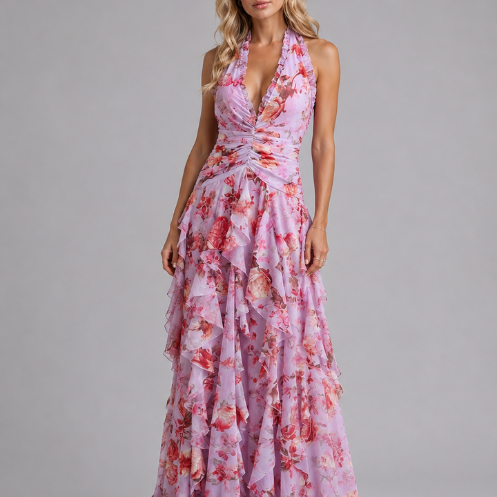 Camille Harper Floral Halter Homecoming Dress