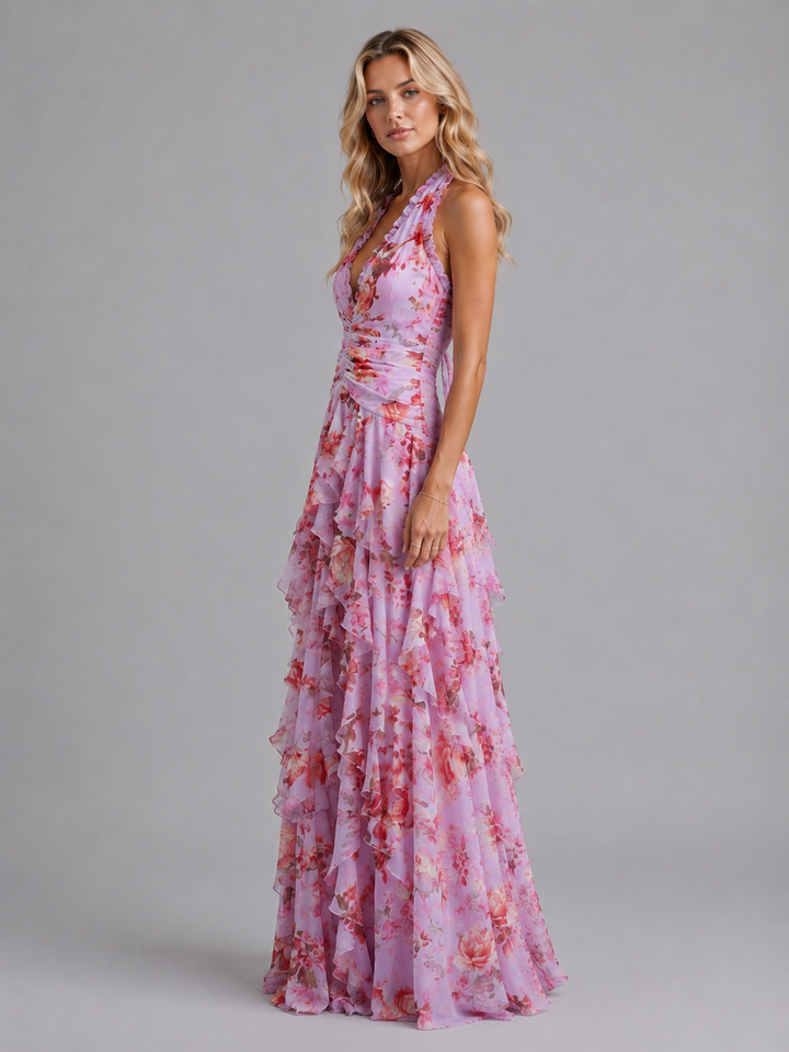 Camille Harper Floral Halter Homecoming Dress