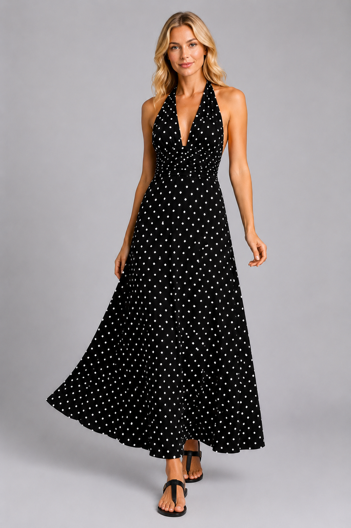 Florence Carter Polka Dot Halter Homecoming Dress