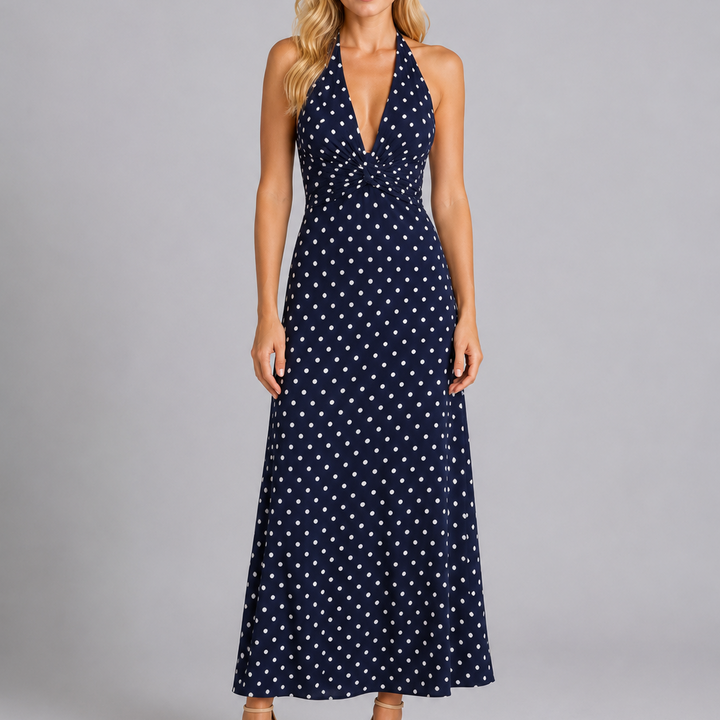 Florence Carter Polka Dot Halter Homecoming Dress