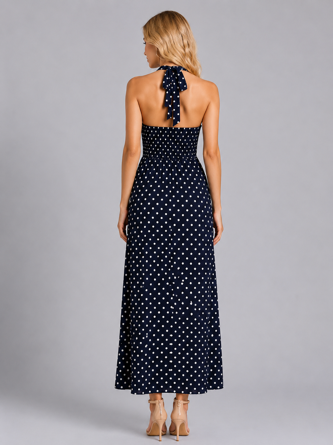 Florence Carter Polka Dot Halter Homecoming Dress