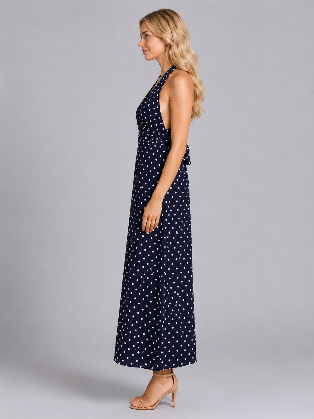 Florence Carter Polka Dot Halter Homecoming Dress